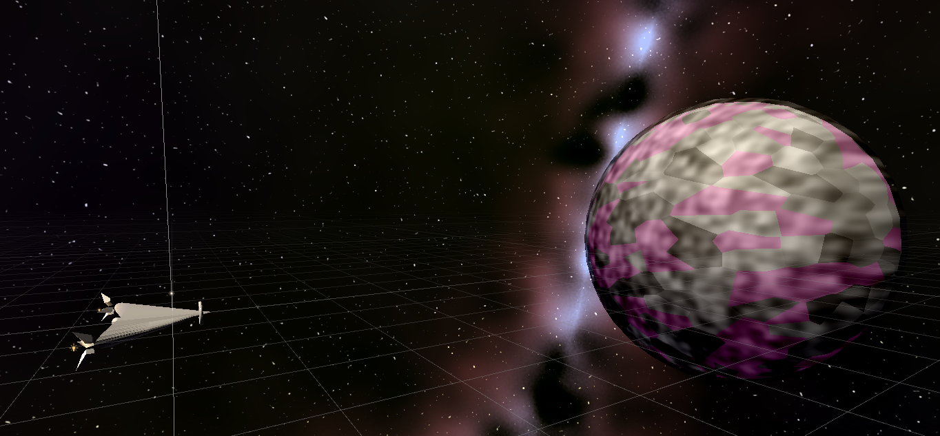 A screenshot of the default player ship flying in orbit around a procedurally-generated planet.